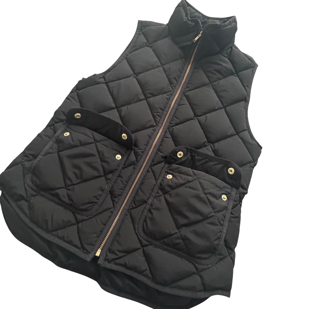 J Crew Women's Black Quilted Down Puffer Full Zip Vest Size S Gold Hardware